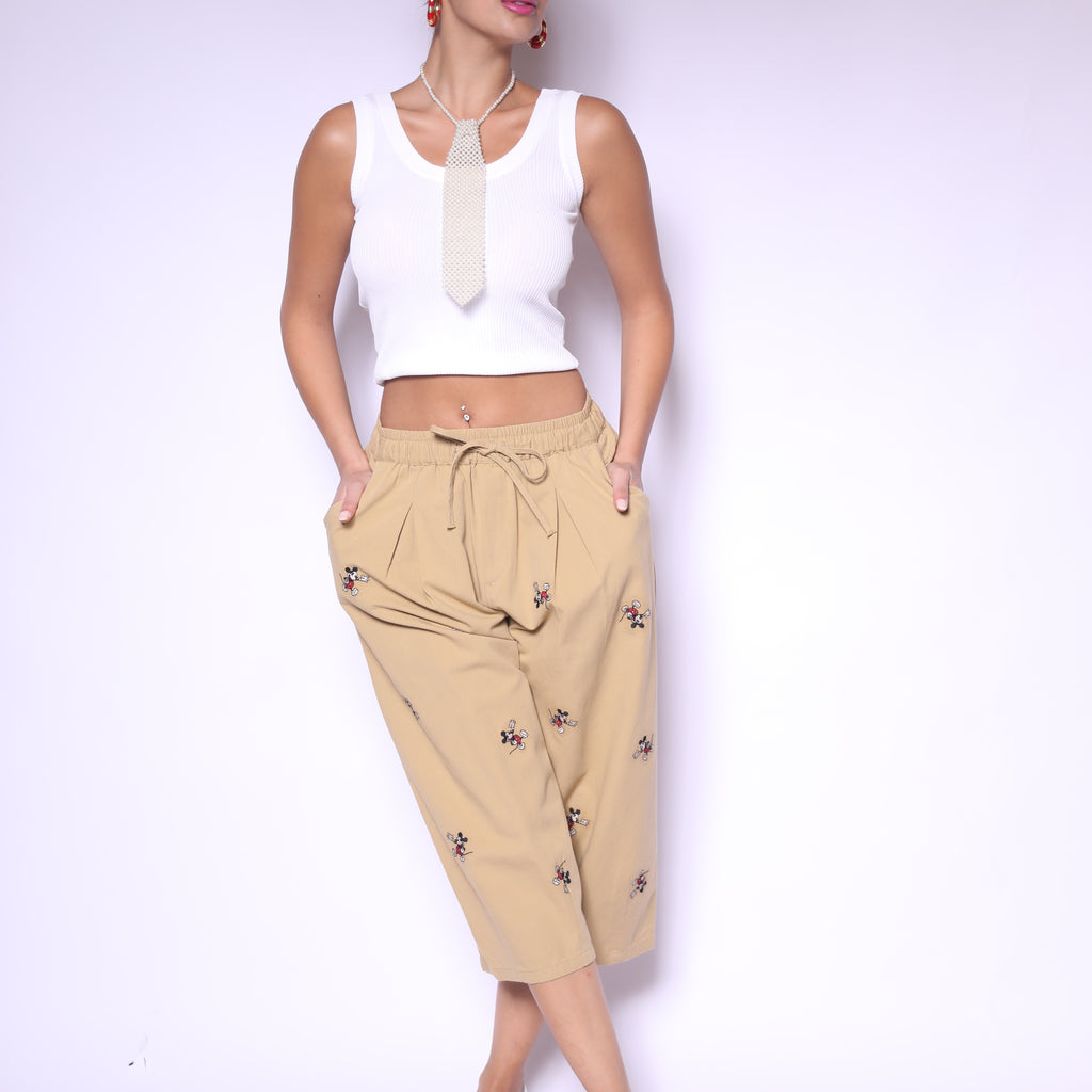 Beige Mickey Embroidered Pants