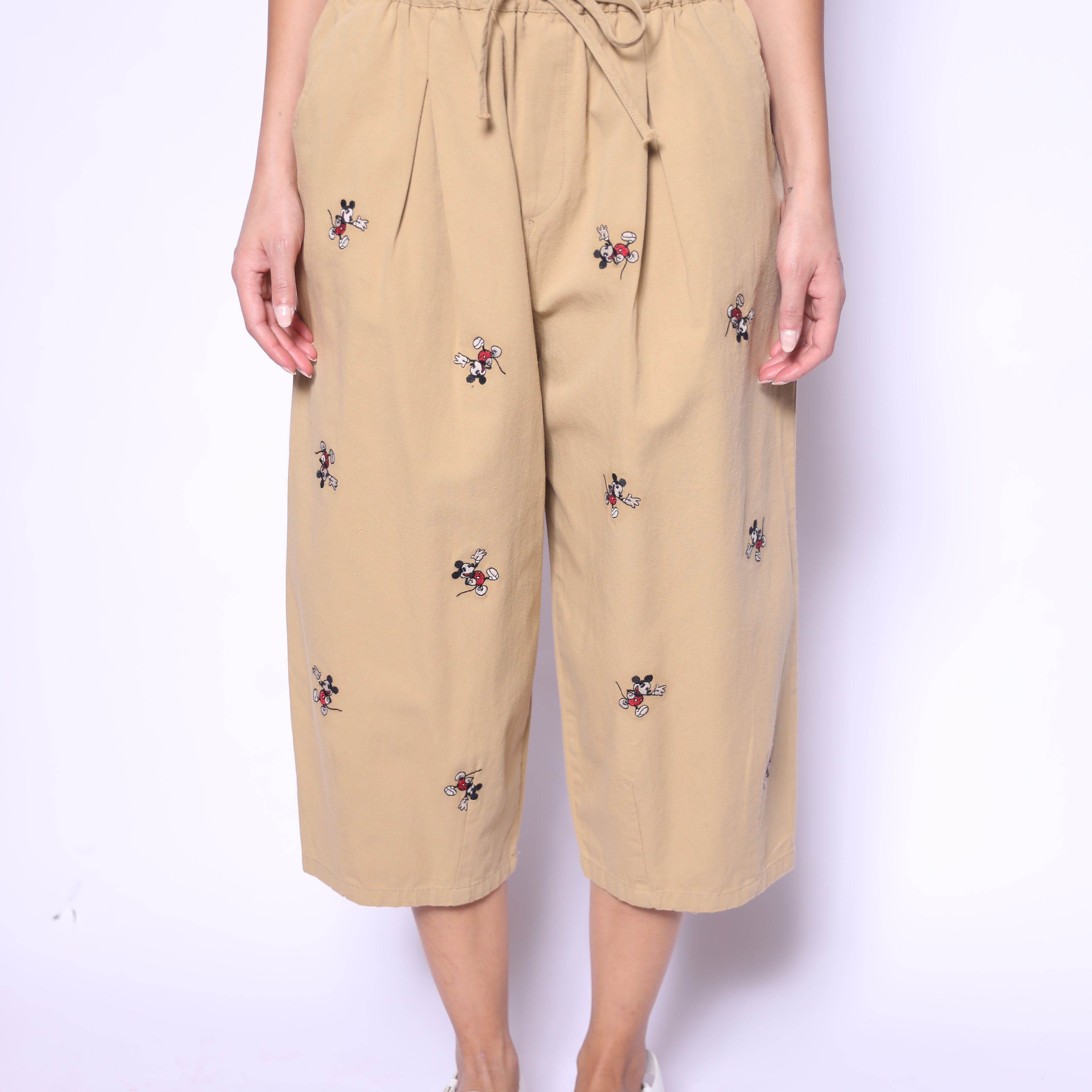 Beige Mickey Embroidered Pants