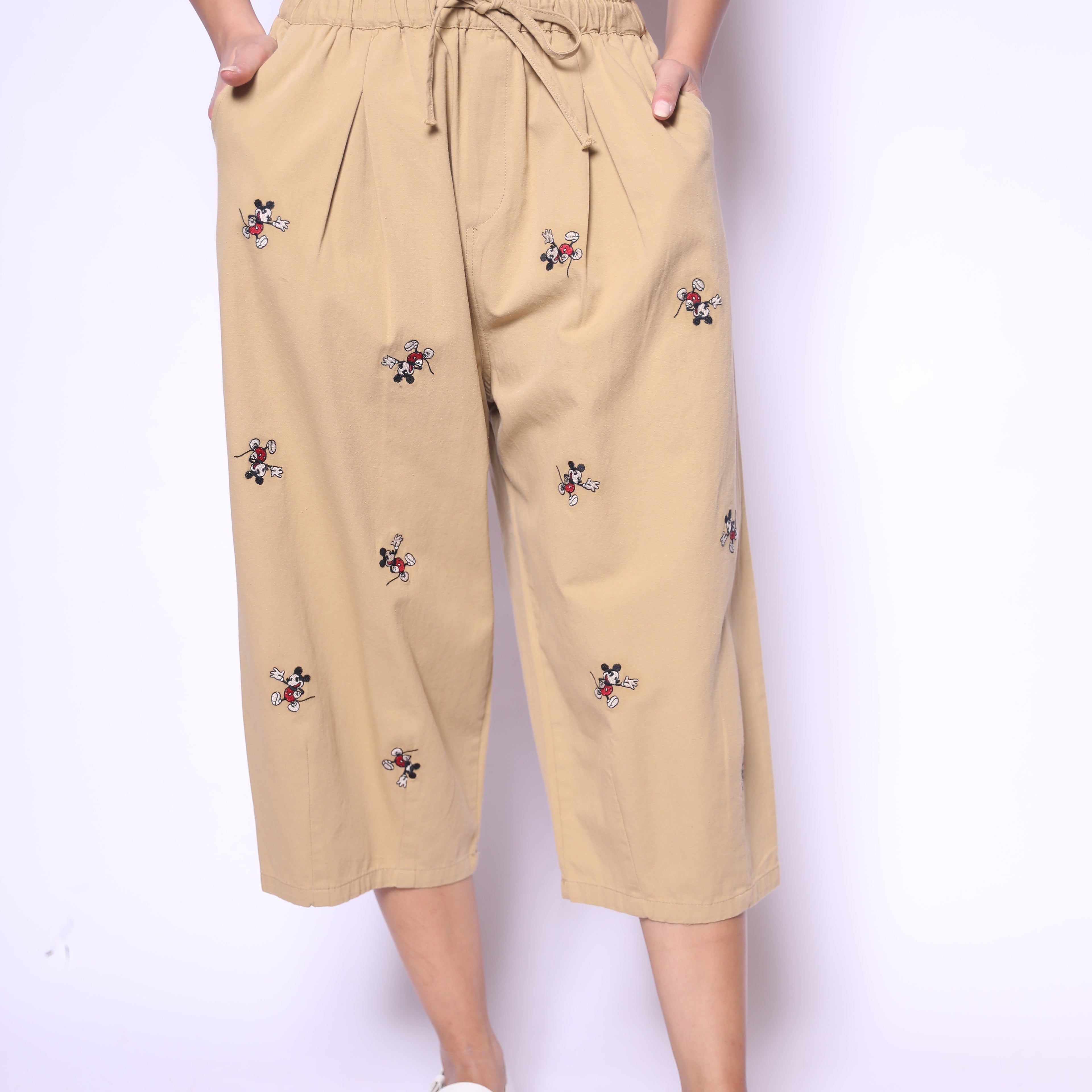 Beige Mickey Embroidered Pants
