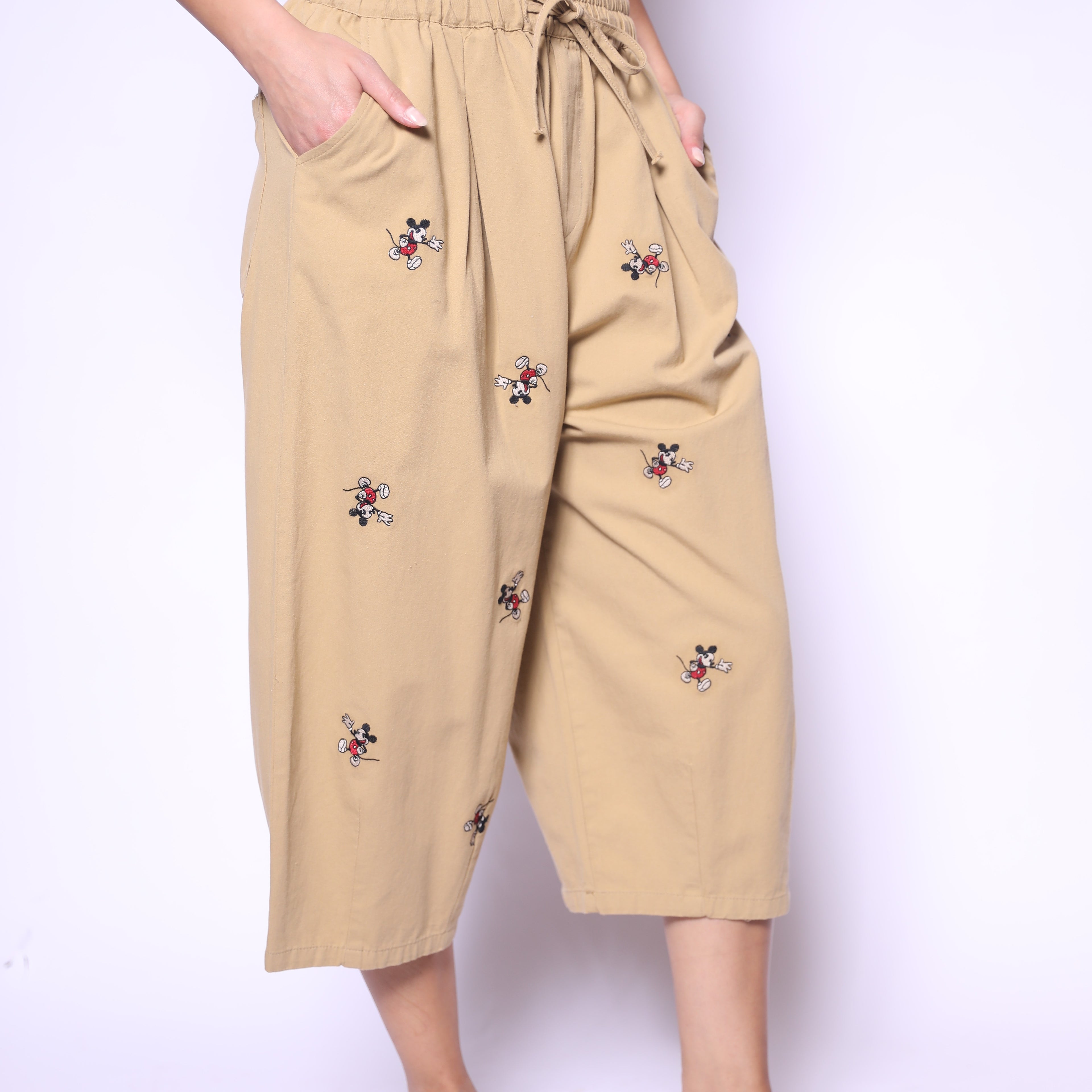 Beige Mickey Embroidered Pants