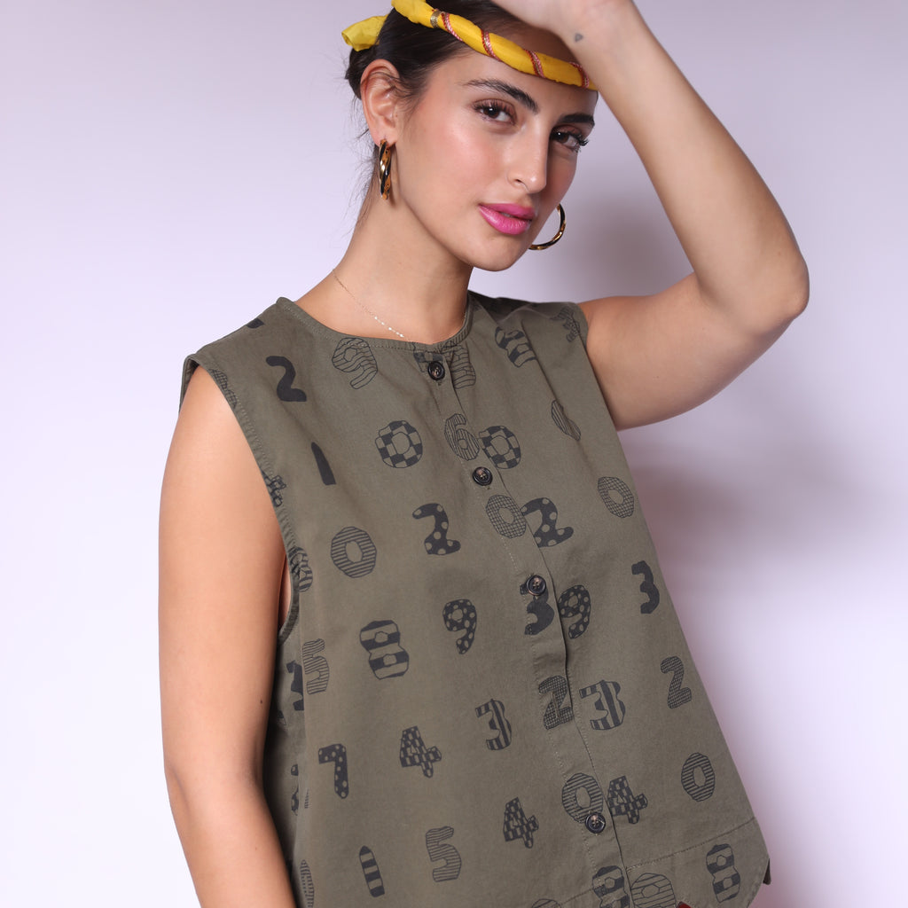 Olive Numeric Sleeveless Top
