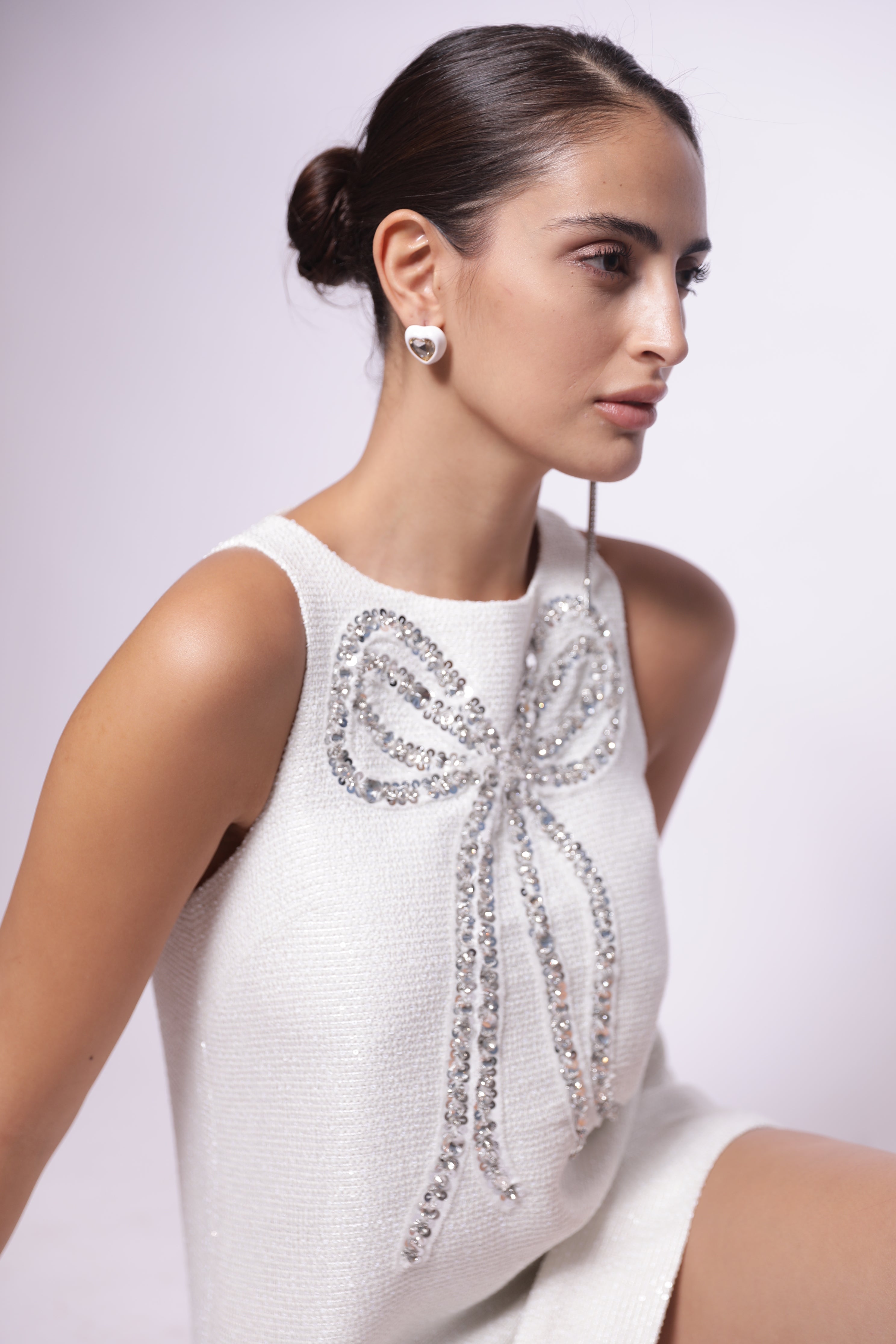 White Mini Dress with Crystal Bow Detail