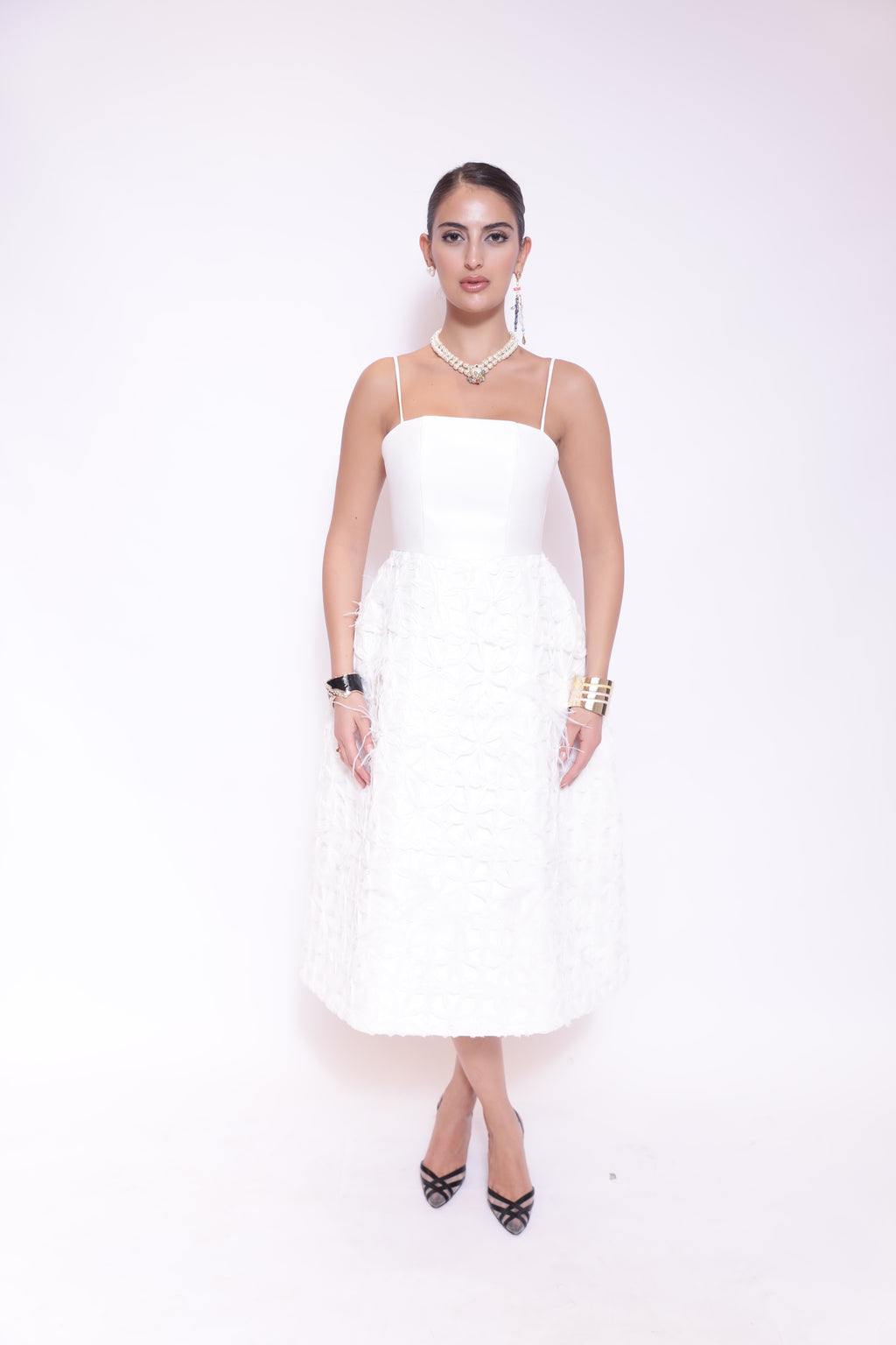 Ivory Petal-Texture Midi Dress