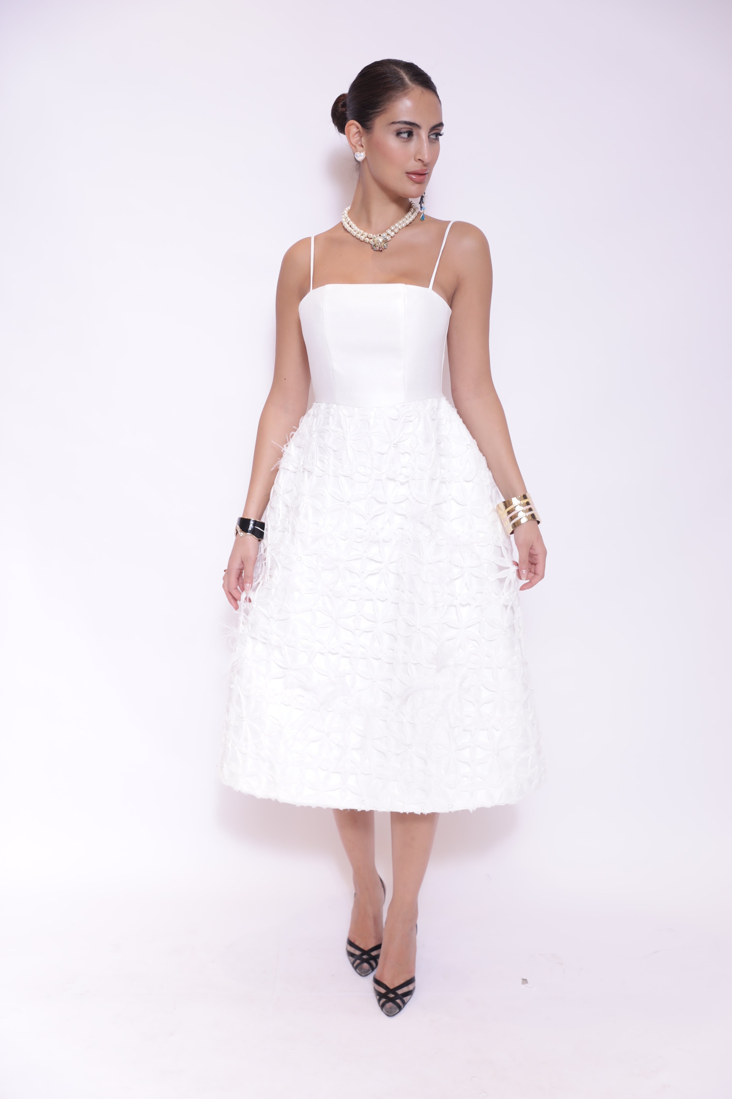 Ivory Petal-Texture Midi Dress