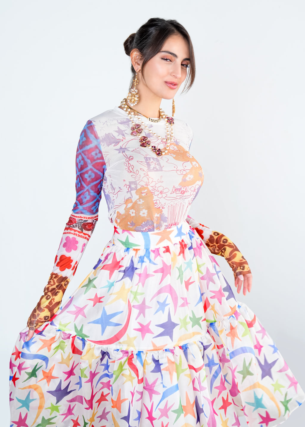 Rainbow Star Print Midi Skirt