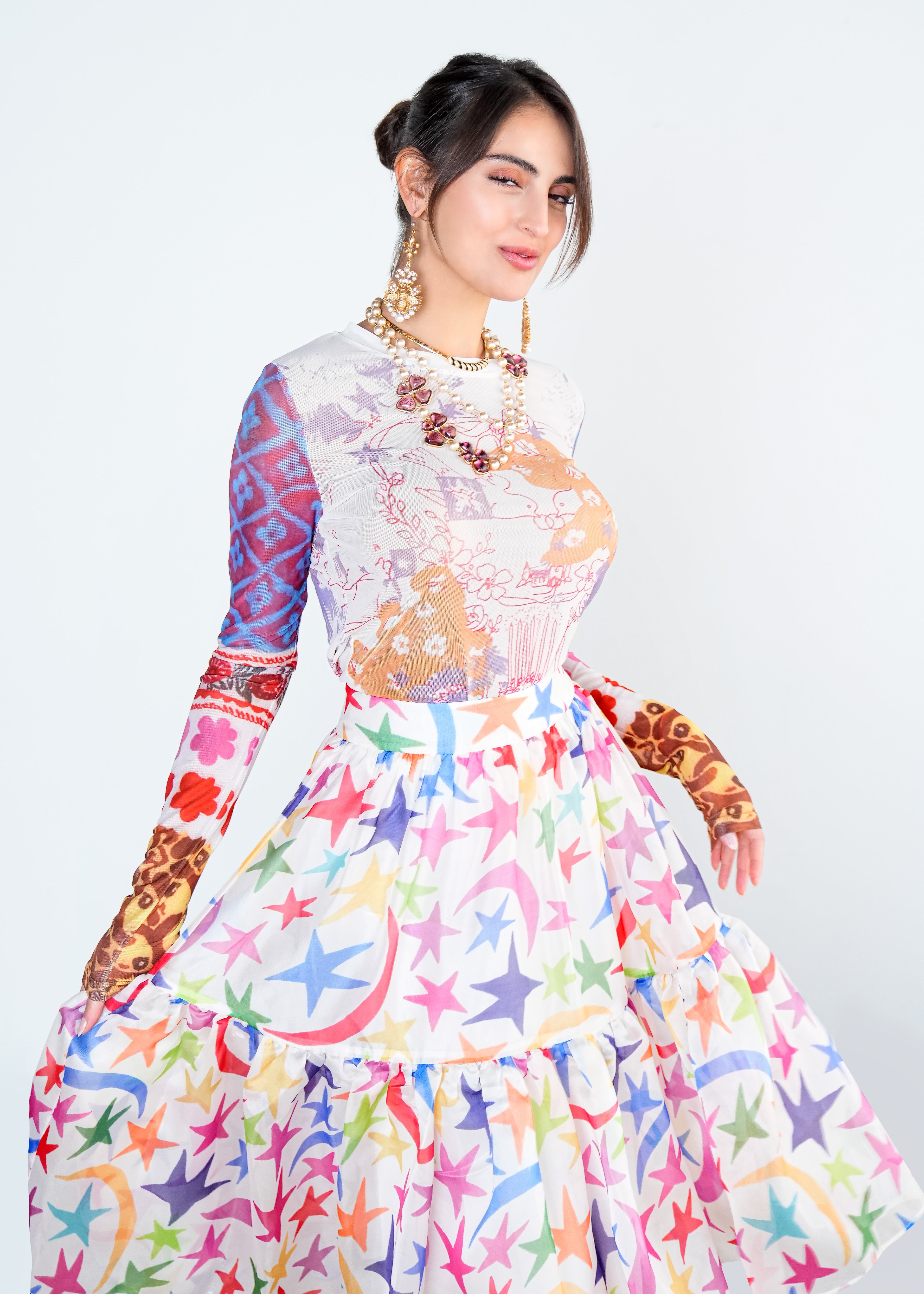 Rainbow Star Print Midi Skirt