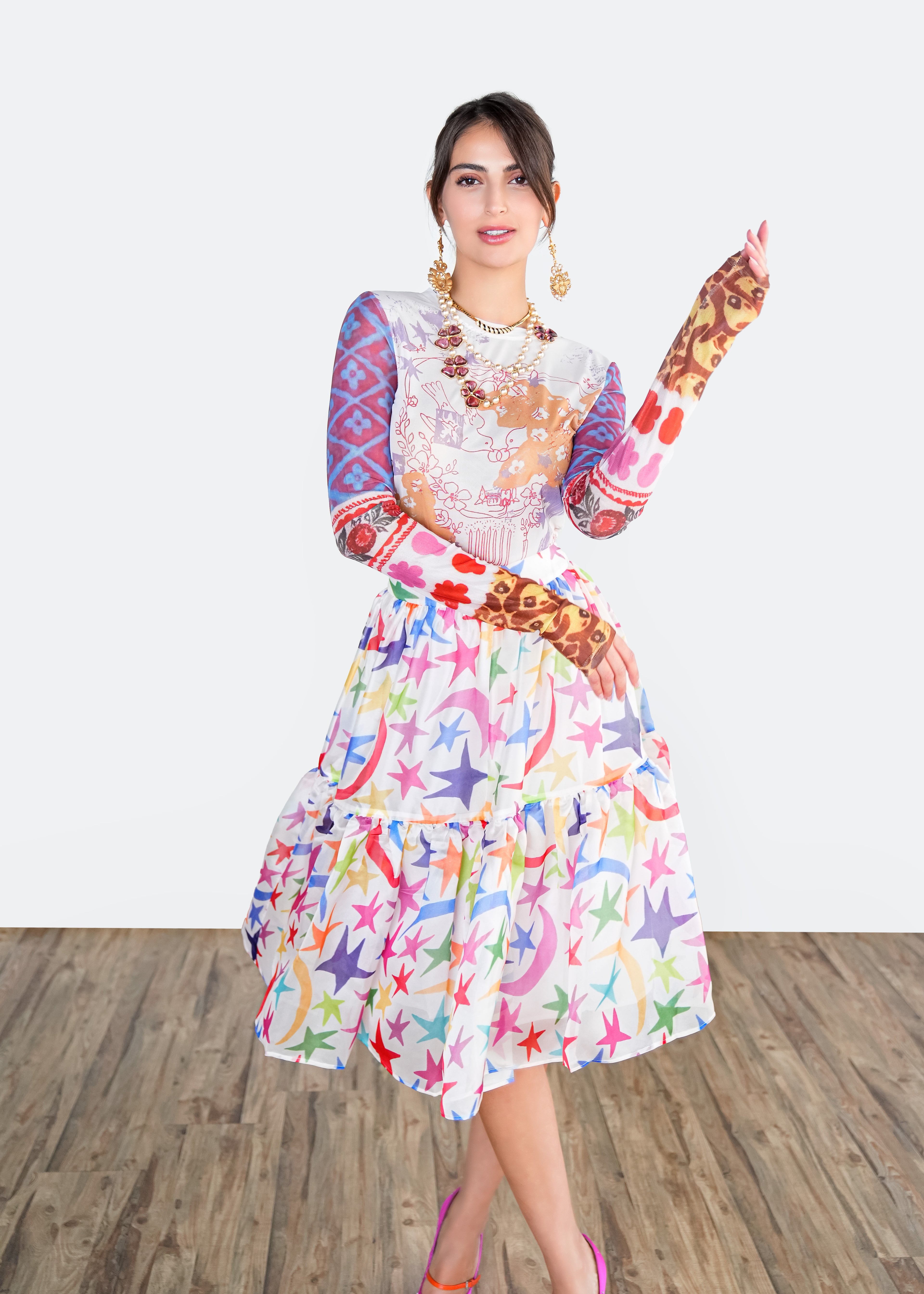 Rainbow Star Print Midi Skirt