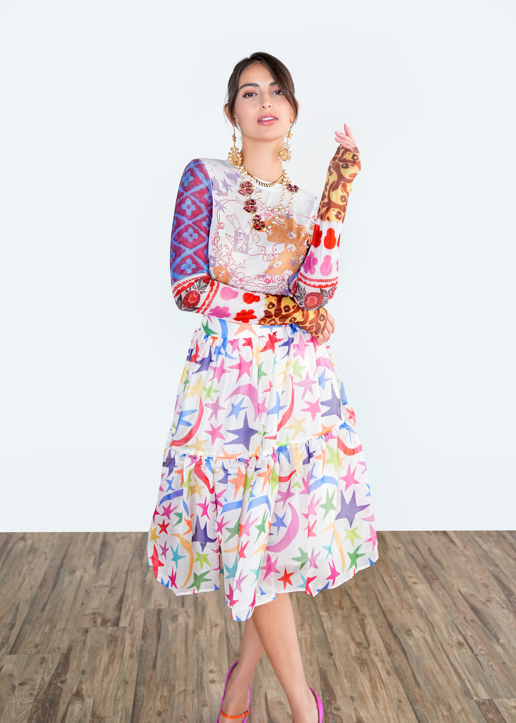 Rainbow Star Print Midi Skirt