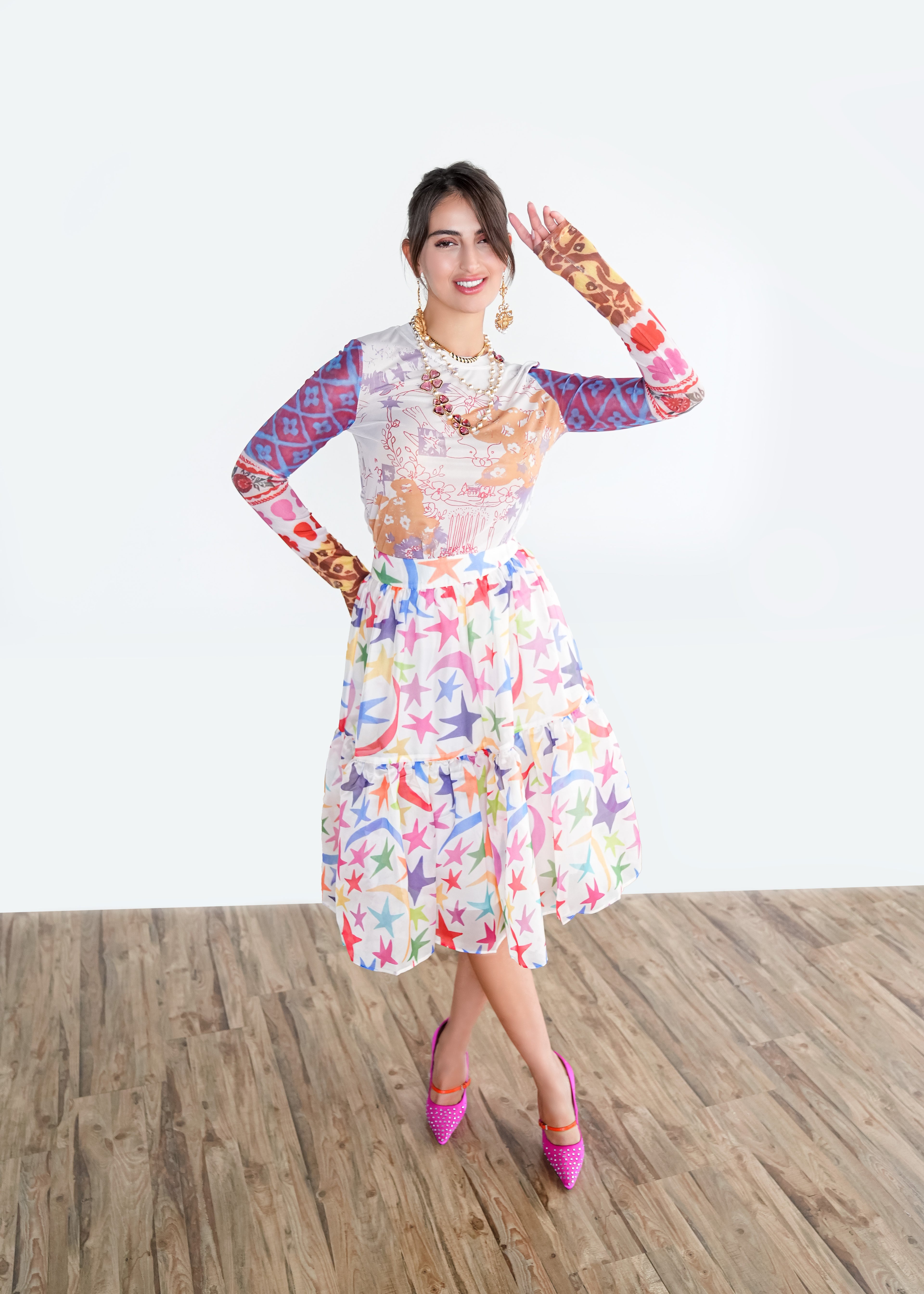 Rainbow Star Print Midi Skirt