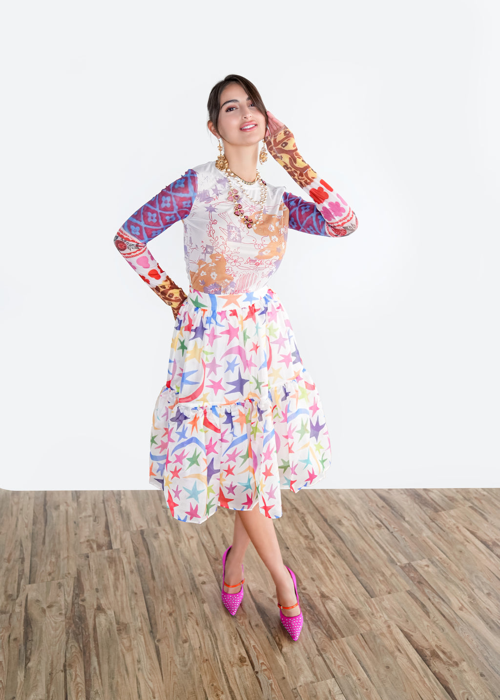 Rainbow Star Print Midi Skirt