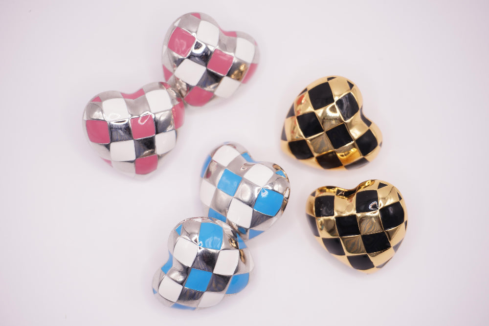 Checkered Heart Studs