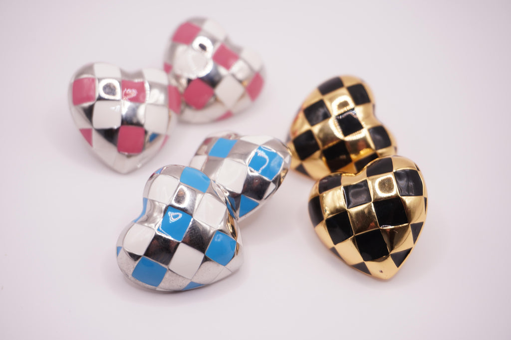 Checkered Heart Studs
