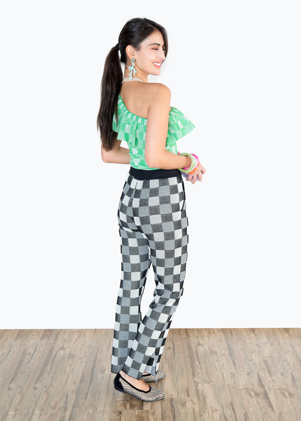 Check One-Shoulder Top