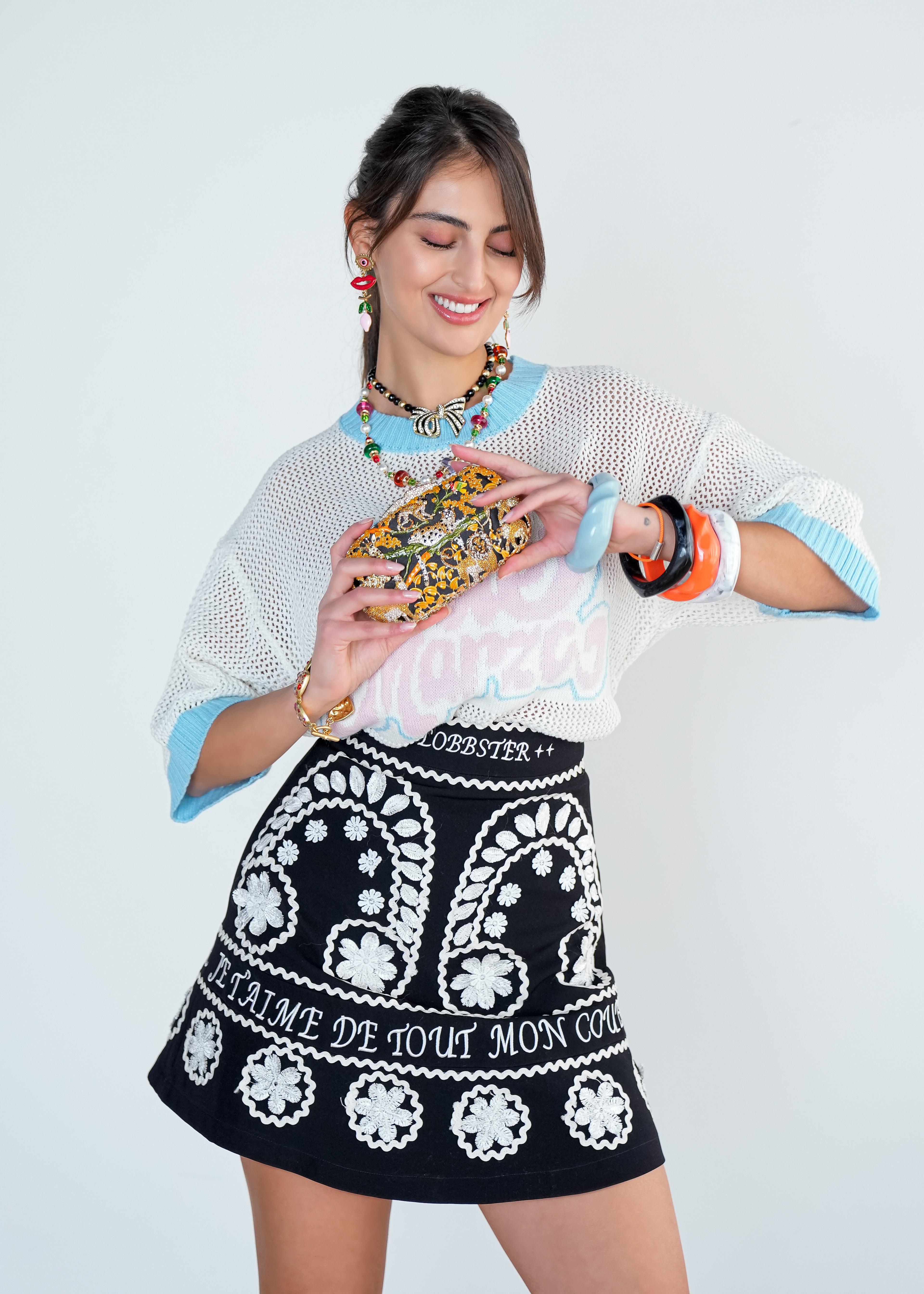 Black Embroidered Mini Skirt