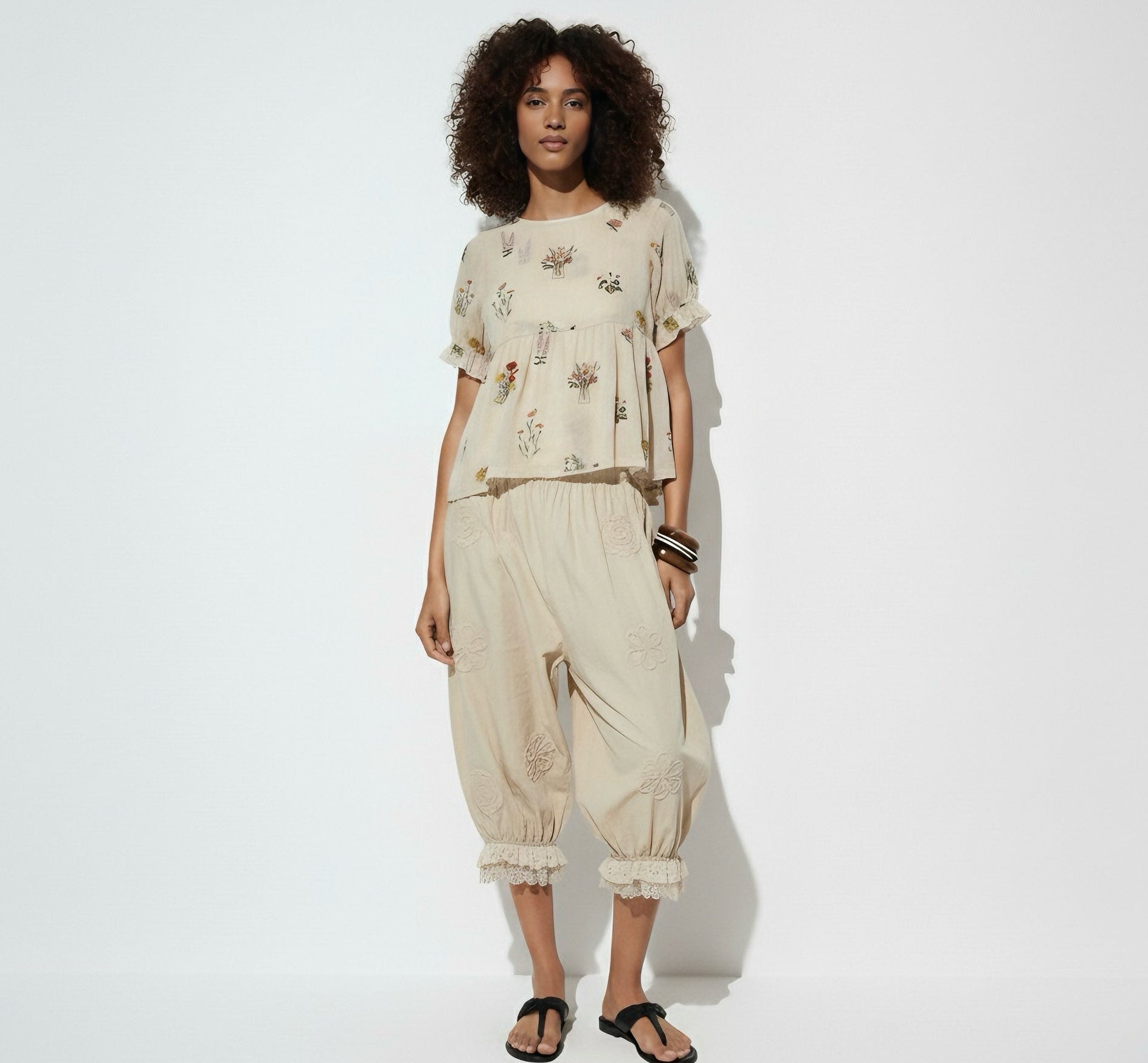 Beige Embroidered Pants