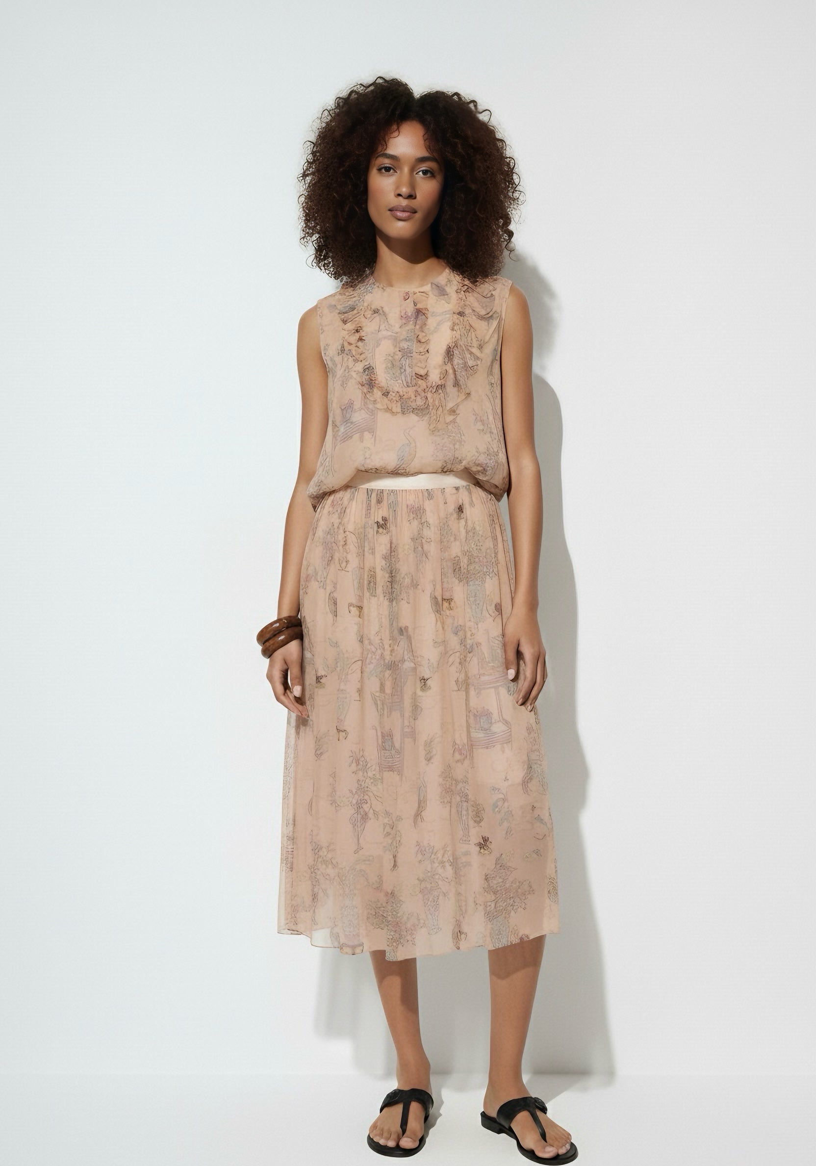 Beige Printed Ruffle Set