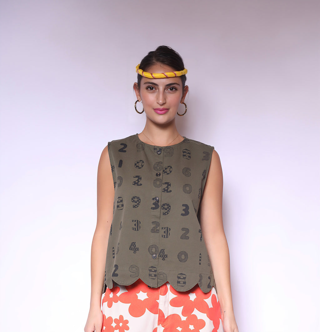Olive Numeric Sleeveless Top