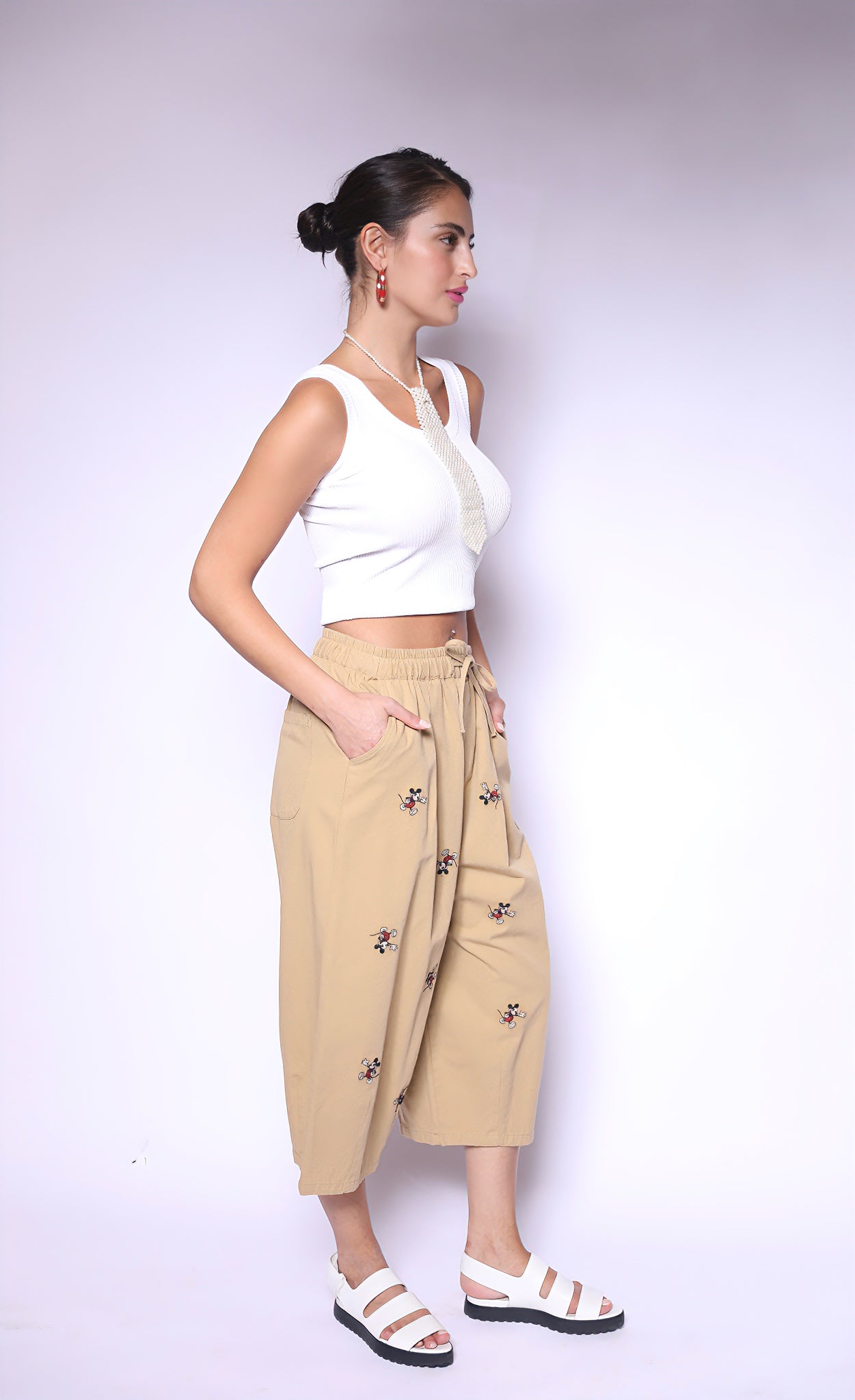 Beige Mickey Embroidered Pants