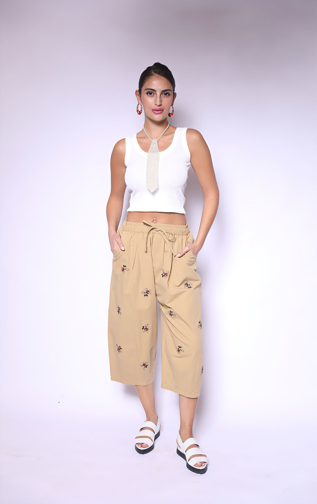 Beige Mickey Embroidered Pants