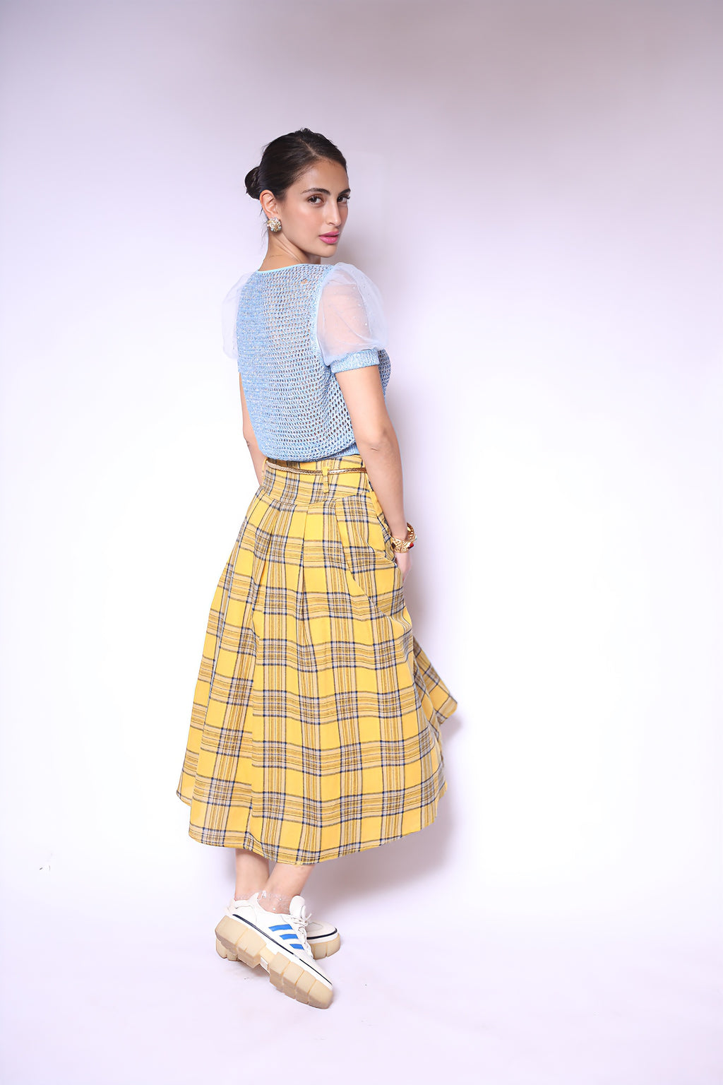 Yellow Plaid Midi Skirt
