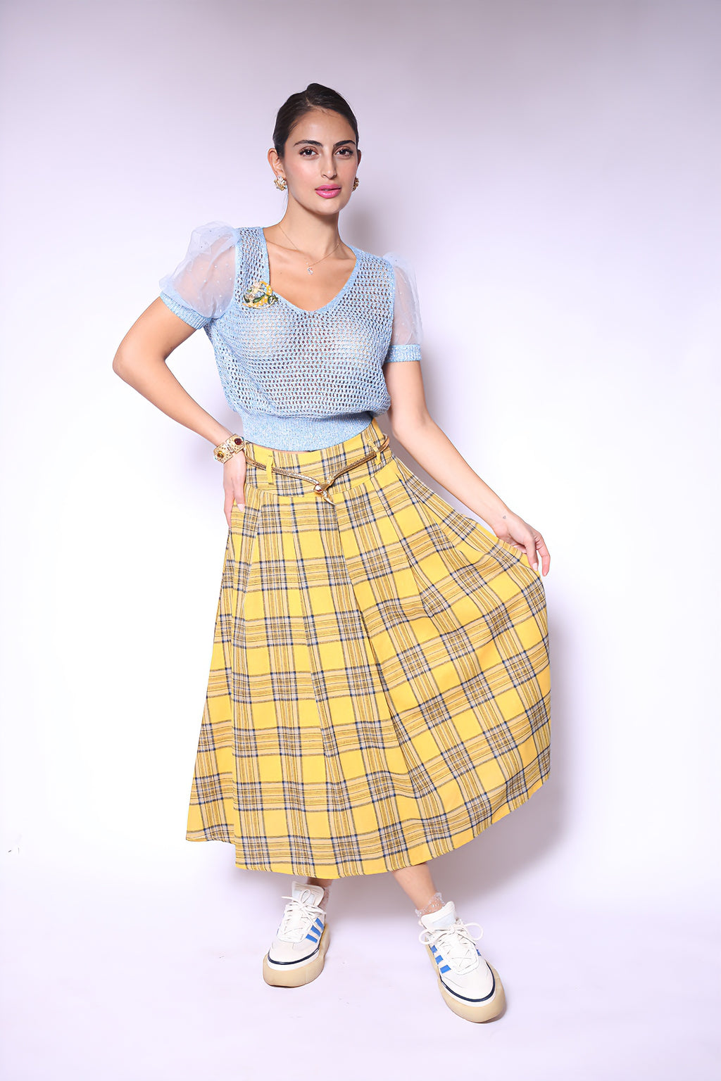 Yellow Plaid Midi Skirt