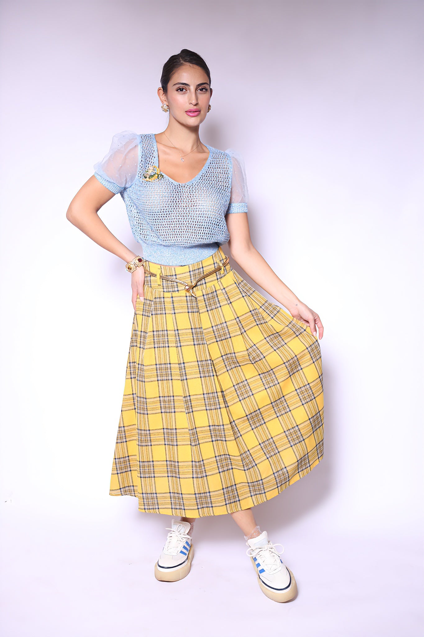 Yellow Plaid Midi Skirt