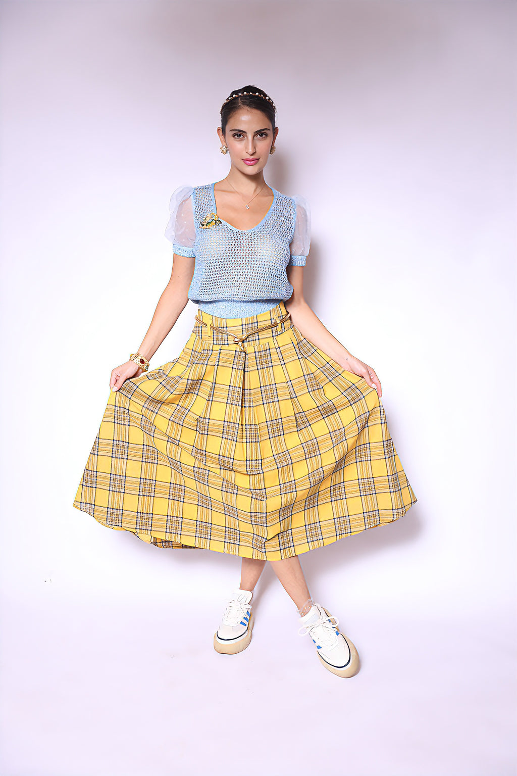 Yellow Plaid Midi Skirt