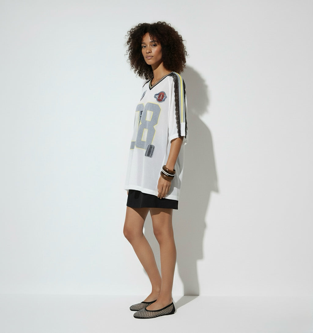 Varsity Mesh Jersey Dress – White