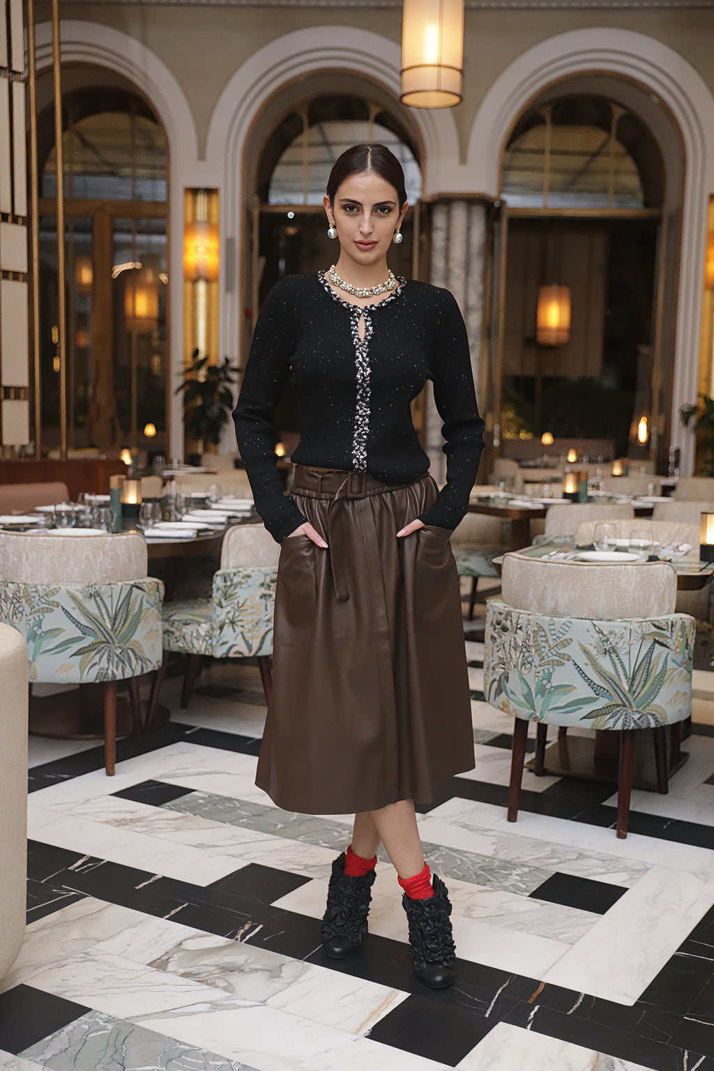 Belted Leather Midi Skirt