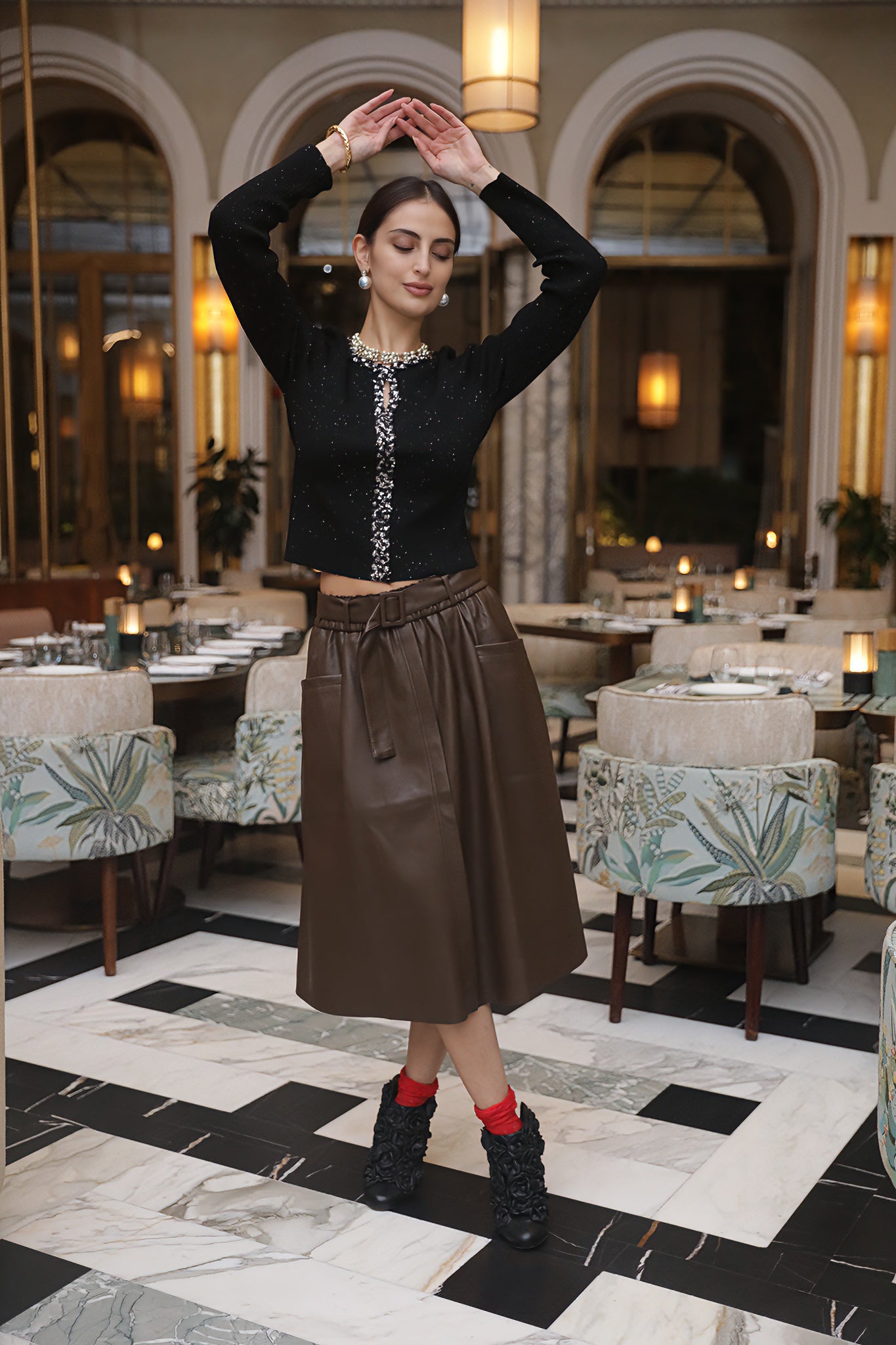 Belted Leather Midi Skirt