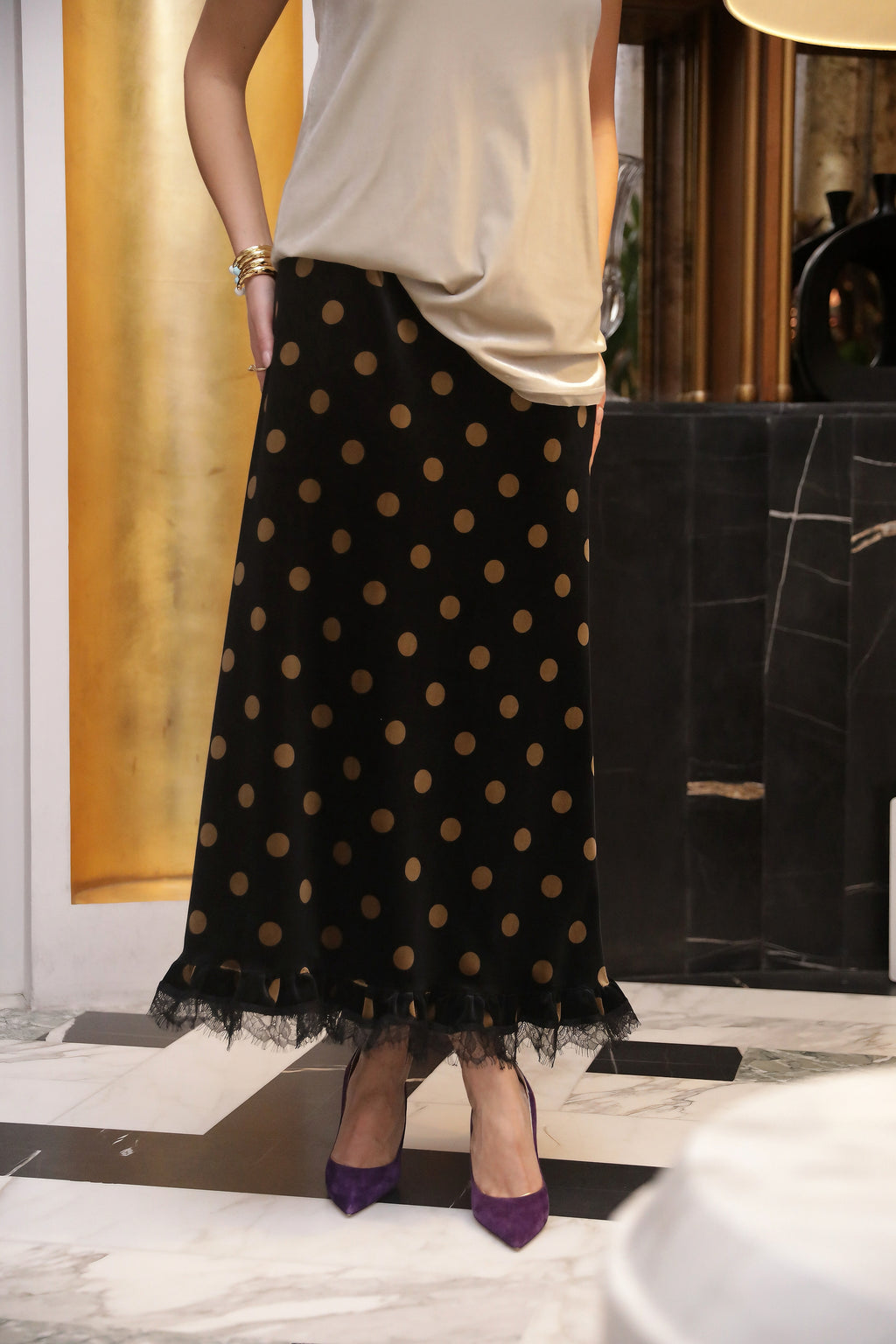 Velvet Polka Lace Midi Skirt