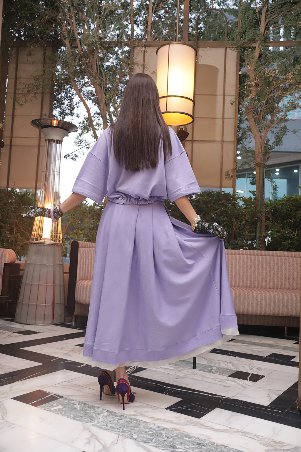 Flowing Blouse & Skirt Set with Organza Hem