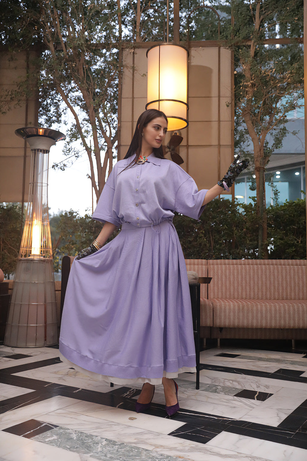 Flowing Blouse & Skirt Set with Organza Hem