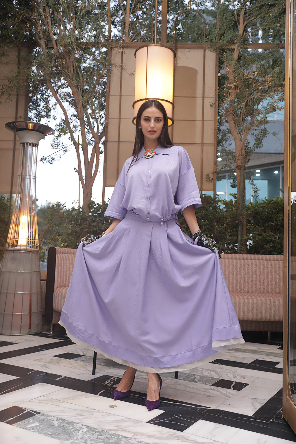 Flowing Blouse & Skirt Set with Organza Hem