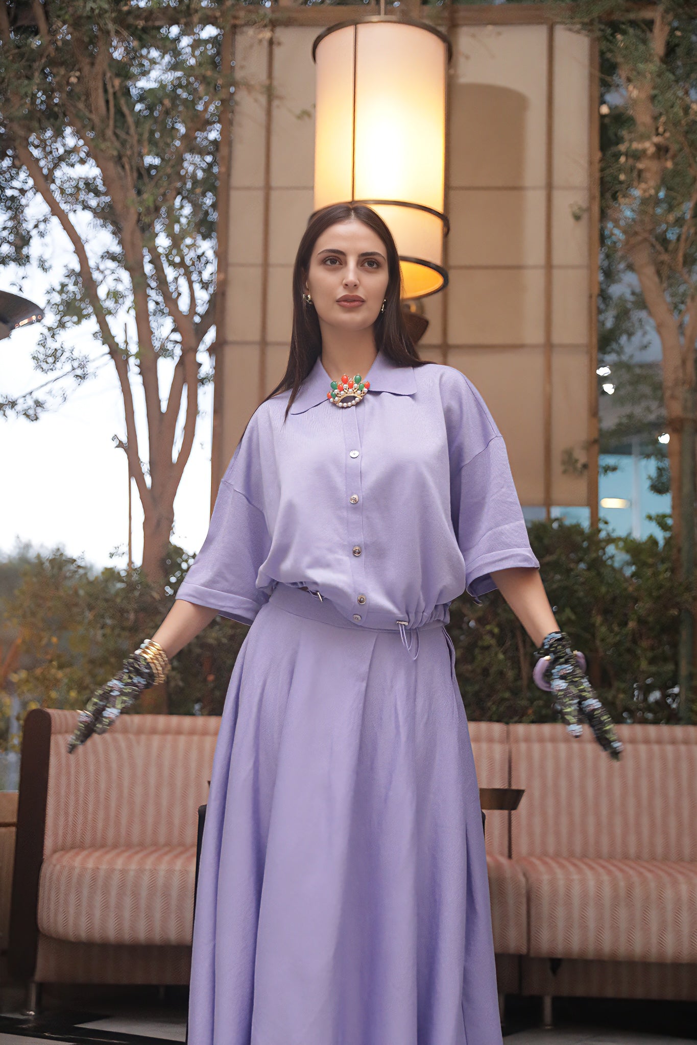 Flowing Blouse & Skirt Set with Organza Hem