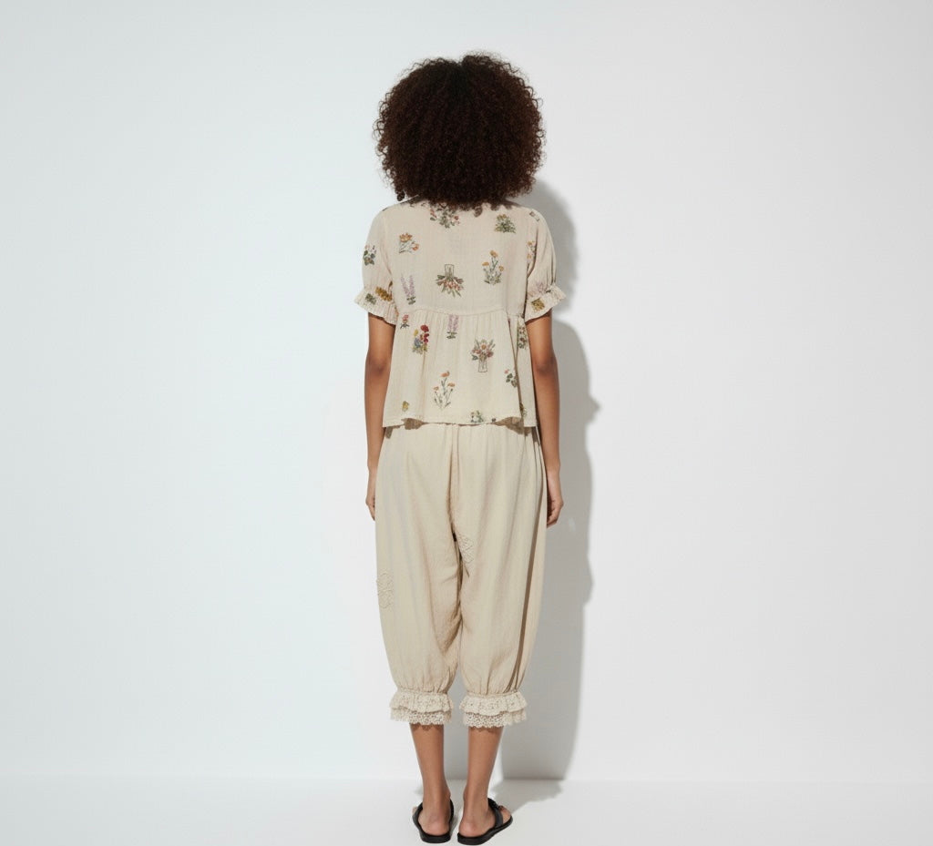 Beige Embroidered Pants