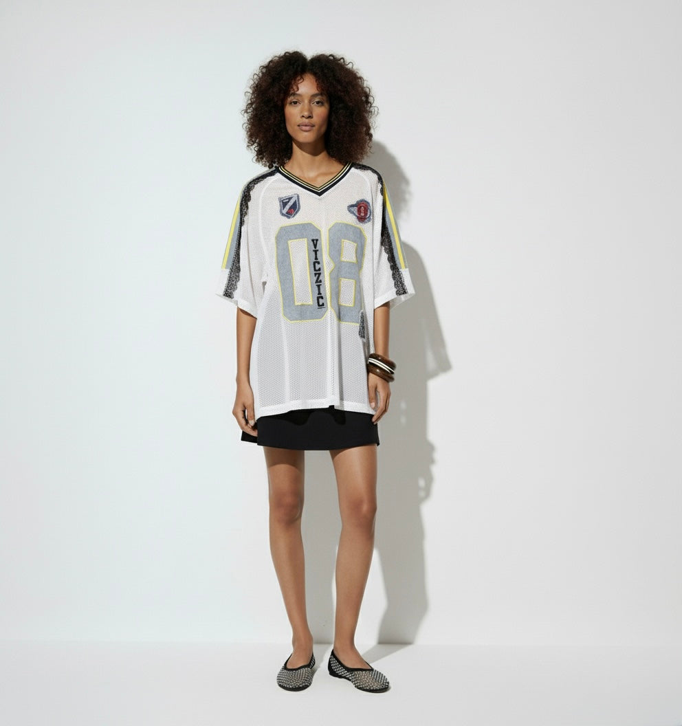 Varsity Mesh Jersey Dress – White
