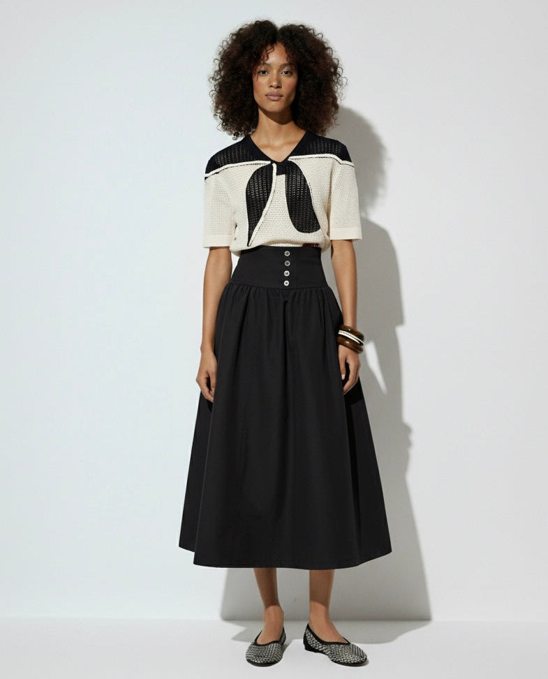 High-Waist Button Midi Skirt